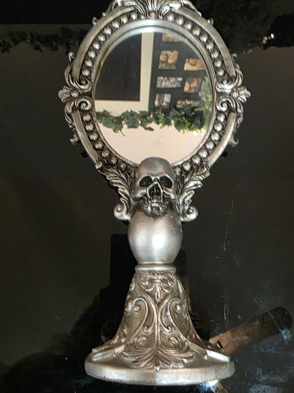Silver Decorative Skull Vanity Mirror - Gothic Home Bath Accent